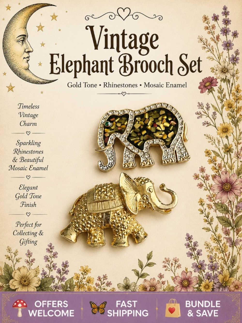 Set of 2 Vintage Elephant Brooches Gold Tone Rhinestones Mosaic Enamel